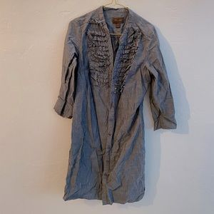 Button up dress with ruffles , 3/4 sleeve fits small to medium grey/blue